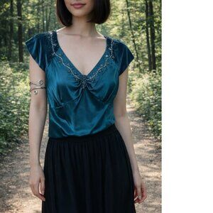NWT VTG Y2K  Babydoll Forest Fairy Silk+Velvet Teal Blouse Top Enchanted 8P